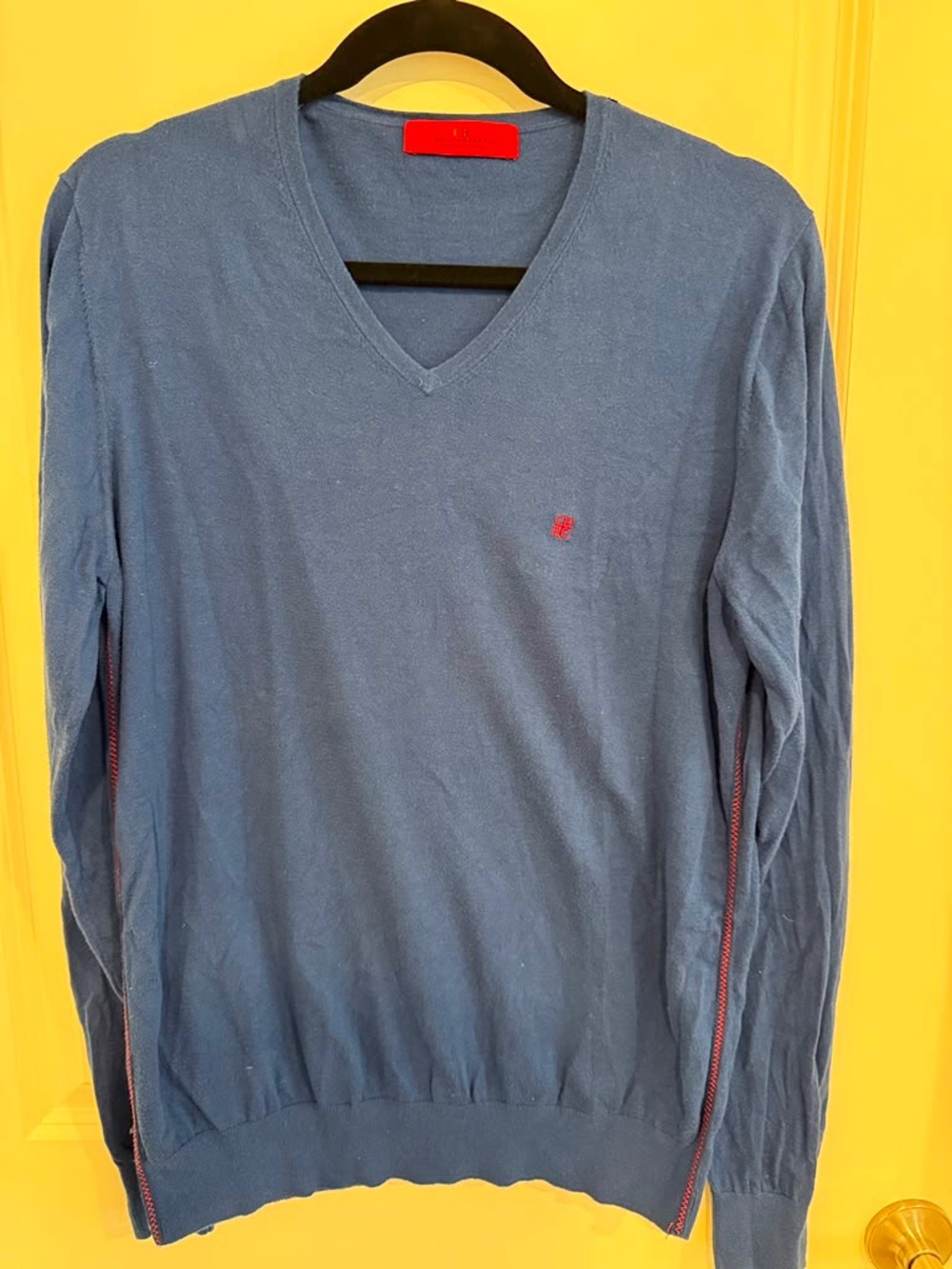 Carolina Herrera Men's V-Neck Sweater in Blue with Red Logo